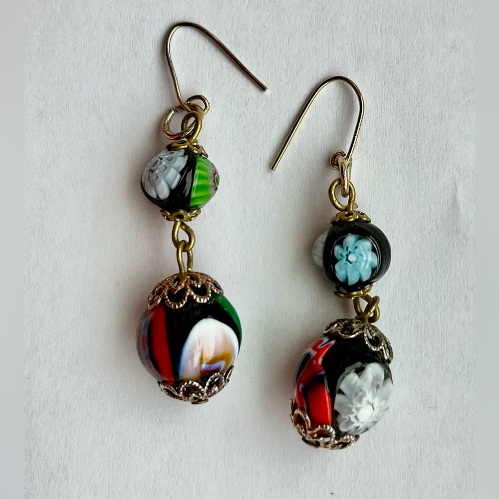 Earrings, millefiori Italian glass beads, (VGUC) gold tone - jewelry